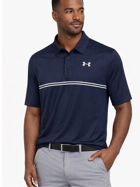 Under Armour Polo Shirt Navy Blue Grey Logo Heat Gear Loose Fit Polo Shirt Sz XL